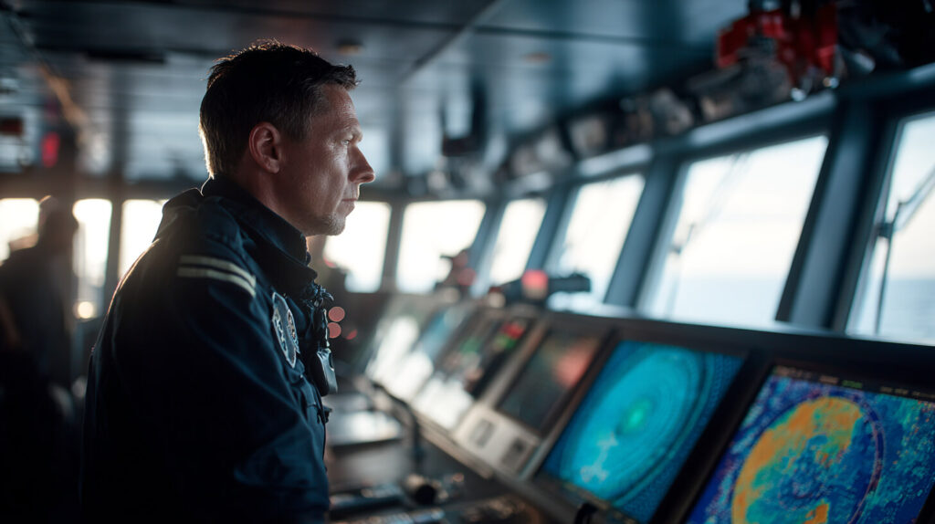 Bemanningslid gebruikt maritieme simulatie om navigatie en situatiebewustzijn veilig te trainen op zee