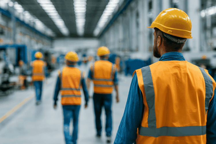Werknemers met veiligheidskleding in de fabriek
