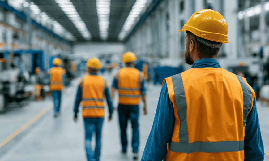 Werknemers met veiligheidskleding in de fabriek