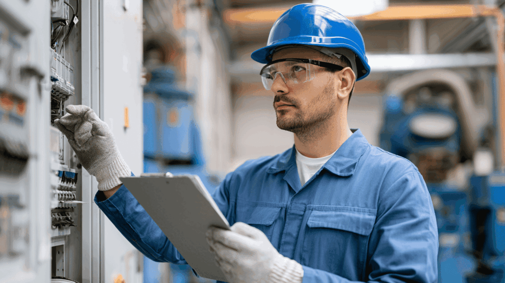Een veiligheidscontrole wordt in een fabriek uitgevoerd