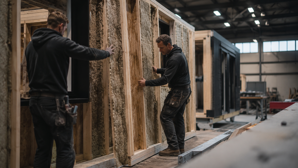 Mannen bouwen geïsoleerde wand prefab fabriek