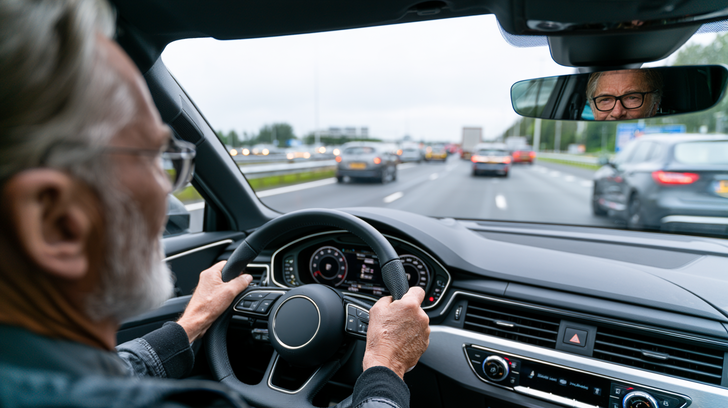 Bestuurder met beide handen aan het stuur tijdens automaat rijden in druk verkeer.