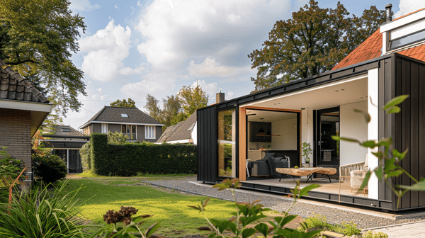 flexibele woonoplossingen zoals een compacte woon- en zorgunit naast een woonhuis in de tuin