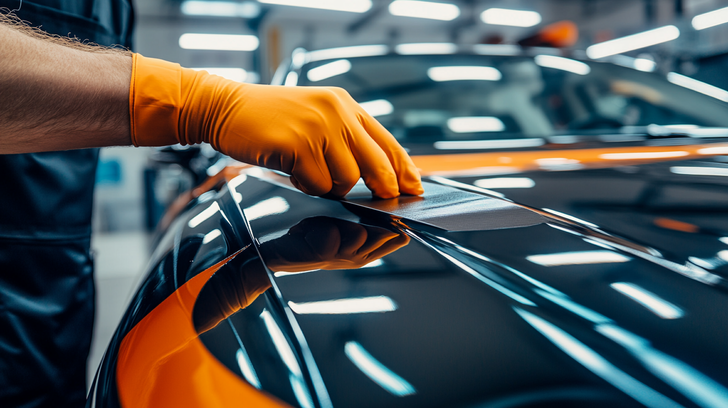 Autodetailer met oranje handschoenen brengt zorgvuldig een zwarte wrap folie aan op de motorkap van een auto.