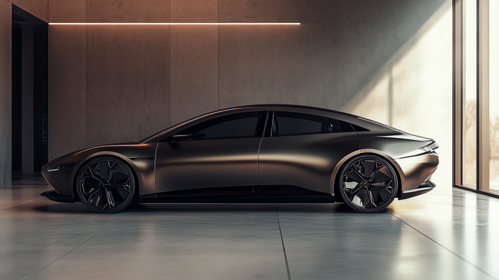Luxe moderne sedan afgewerkt met een satin metallic car wrap in een minimalistische studio.
