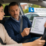 Rijinstructeur in de lesauto legt een rijlesplan uit aan een vrouwelijke leerling.
