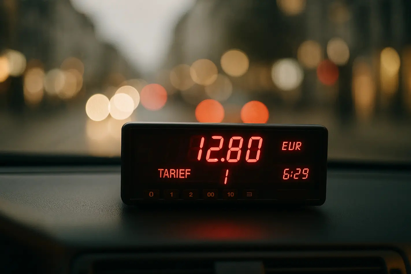Eerlijke ritprijs taxi weergegeven op digitale meter in voertuig