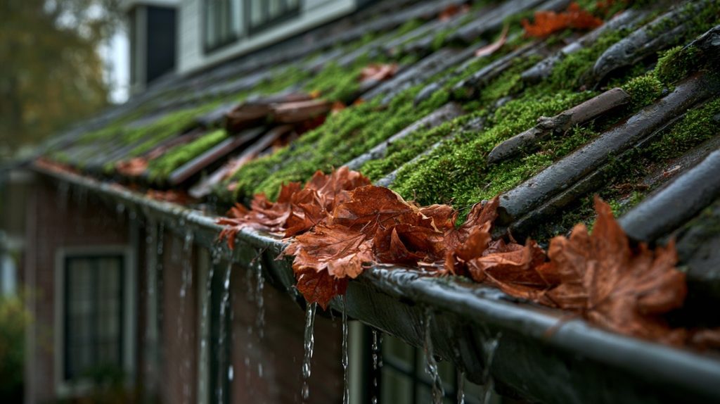 Dakgoot vol herfstbladeren met regenwater en mos op de dakpannen van een huis