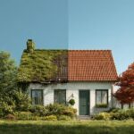 Een wit huis waarvan de helft is onderhouden
