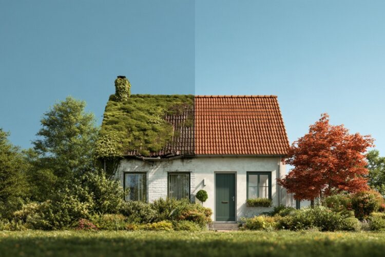 Een wit huis waarvan de helft is onderhouden