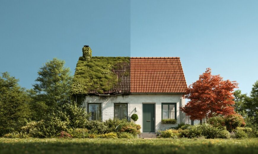 Een wit huis waarvan de helft is onderhouden