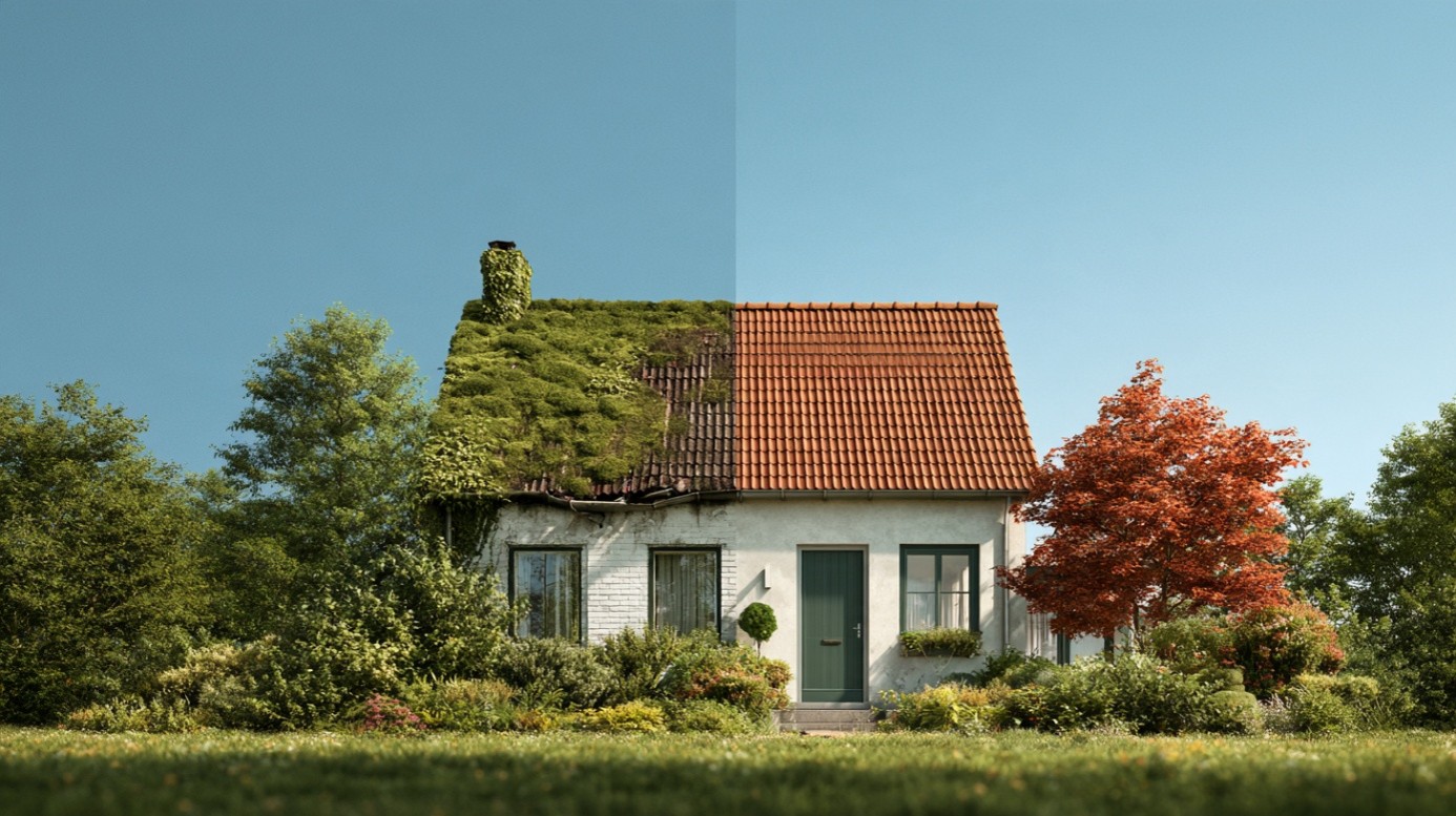 Een wit huis waarvan de helft is onderhouden