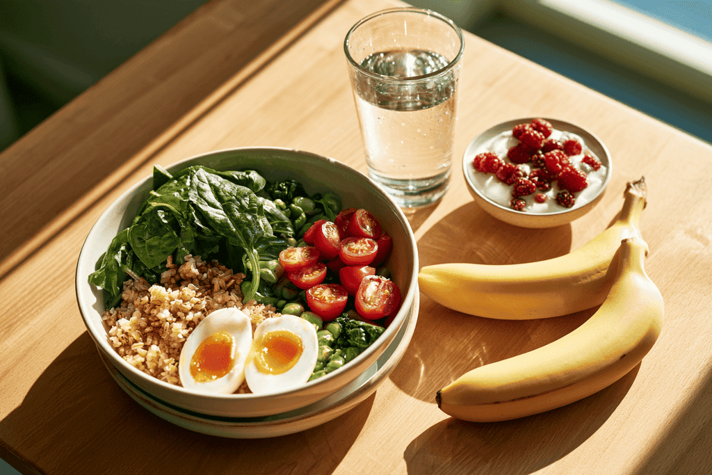 Eenvoudige maaltijd op een houten tafel met een kom granen, groenten en ei, een glas water, een banaan en yoghurt met bessen